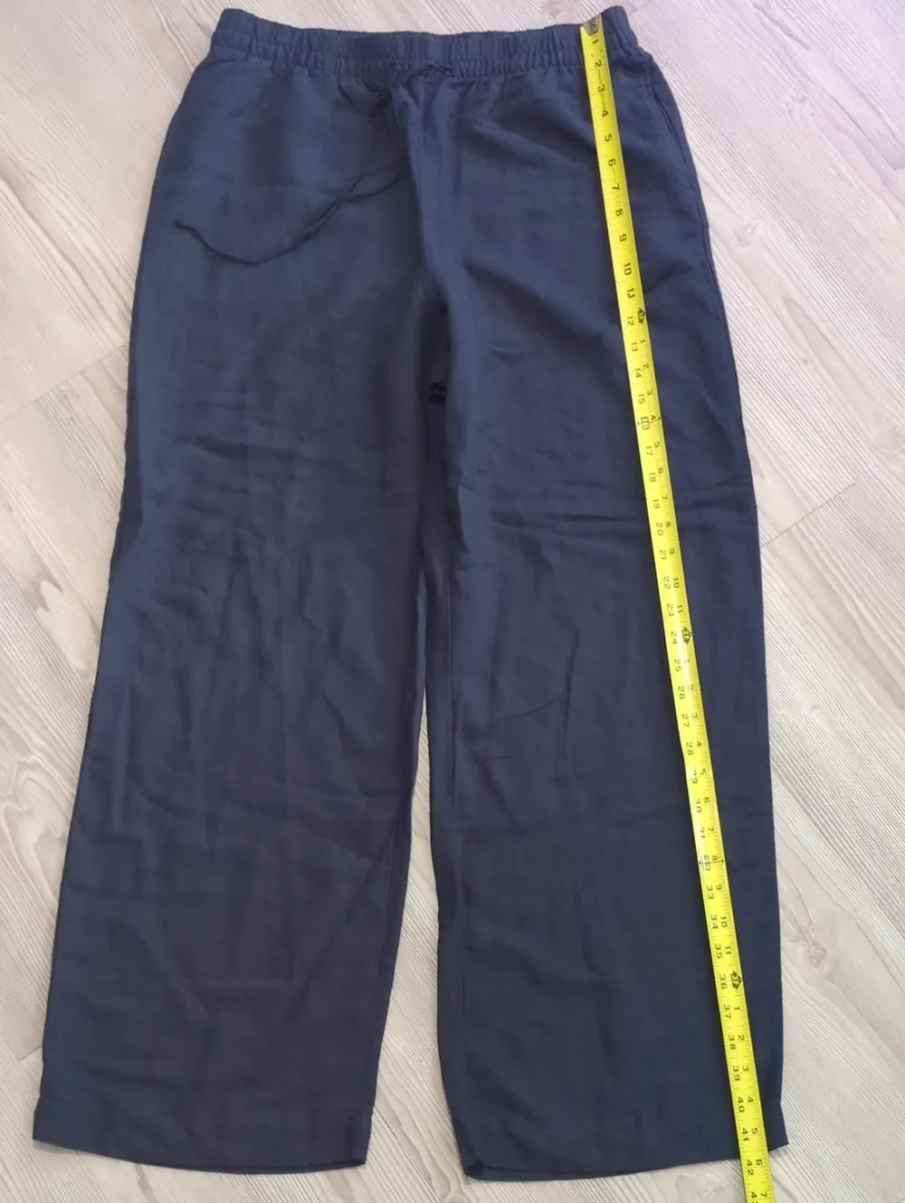 H&M Linen Blend Wide Leg Pull On Pants Blue Medium Elastic Waist Pockets